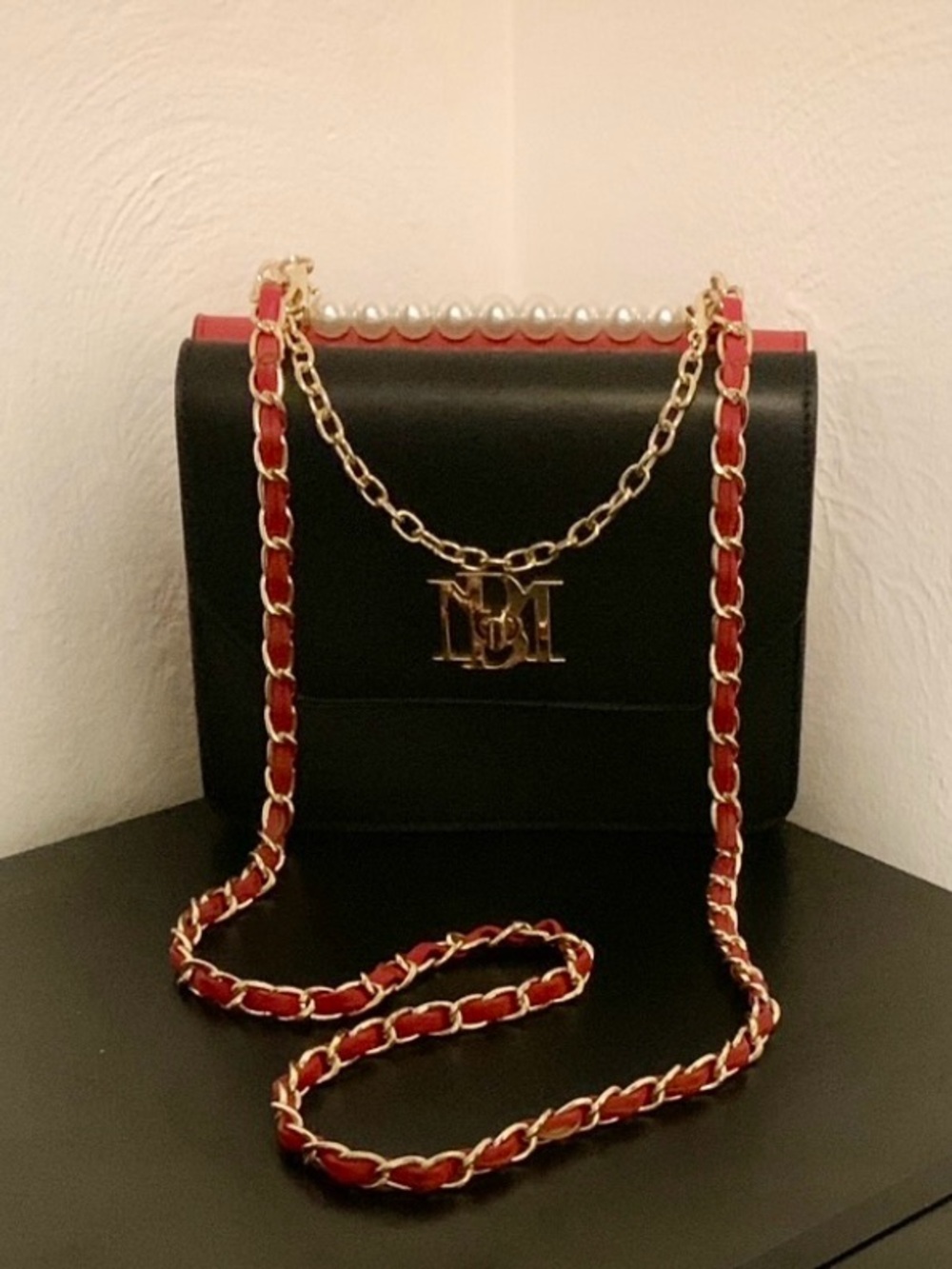 Badgley Mischka Red/Black Crossbody with Red-Gold Chain and Pearl Detail